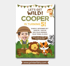 Safari Birthday Invitation with Photo, Jungle Animals (Digital)