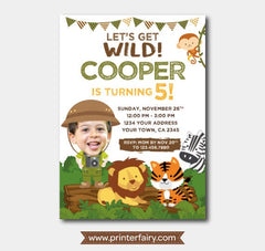 Safari Birthday Invitation with Photo, Jungle Animals (Digital)