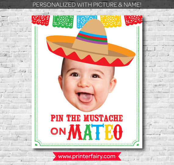 Personalized Pin the Mustache Party Game for a Mexican themed Birthday, Digital Printable Design