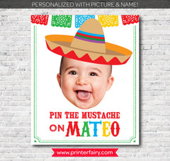 Personalized Pin the Mustache Party Game for a Mexican themed Birthday, Digital Printable Design