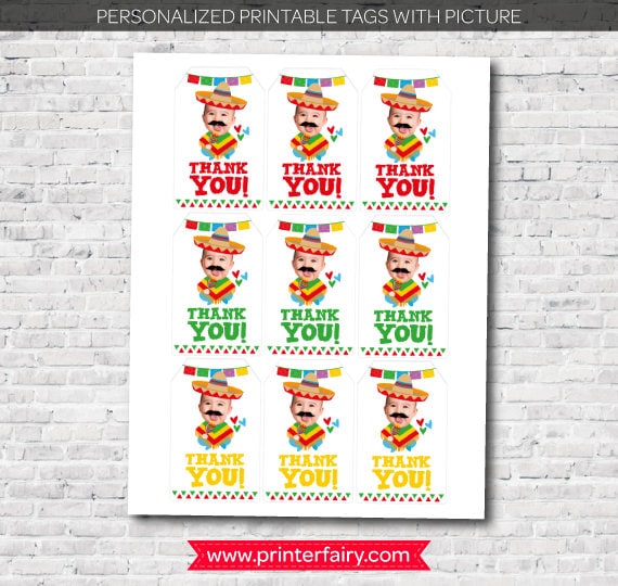 Personalized Fiesta Thank You Tags, Baby Photo, 1st Birthday (Digital)
