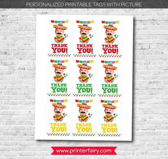 Personalized Fiesta Thank You Tags, Baby Photo, 1st Birthday (Digital)