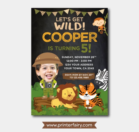 Safari Birthday Invitation with Photo, Jungle Animals (Digital)