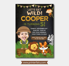 Safari Birthday Invitation with Photo, Jungle Animals (Digital)