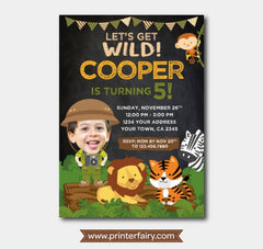 Safari Birthday Invitation with Photo, Jungle Animals (Digital)