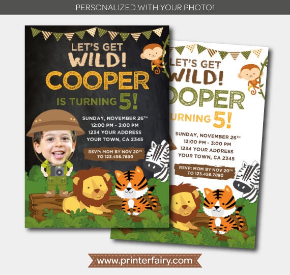 Safari Birthday Invitation with Photo, Jungle Animals (Digital)