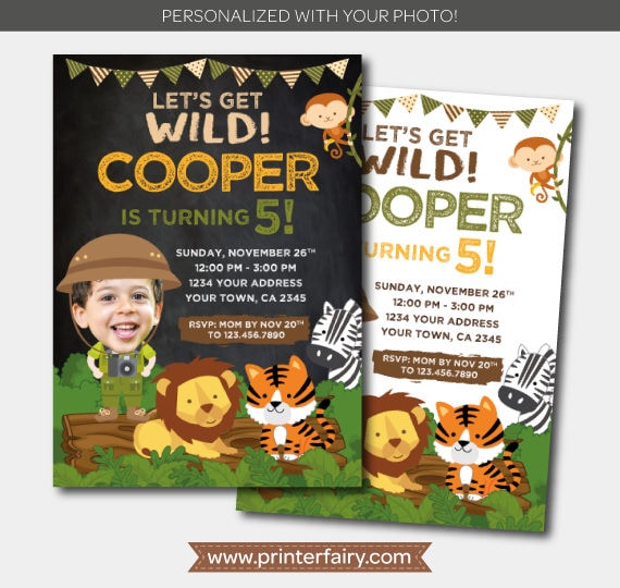 Safari Birthday Invitation with Photo, Jungle Animals (Digital)