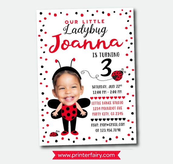 Ladybug Personalized Birthday Invitation with Photo, Polkadot Party (Digital)