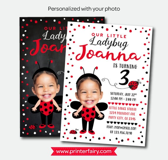 Ladybug Personalized Birthday Invitation with Photo, Polkadot Party (Digital)