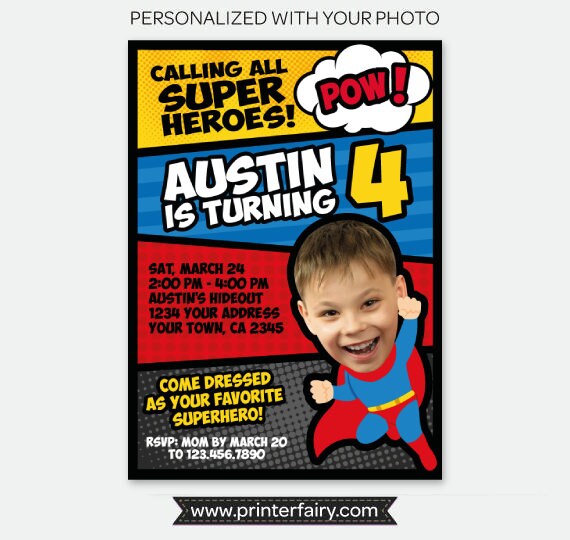 Superhero Birthday Invitation with Photo, Personalized Invite for any age, Digital or Printable