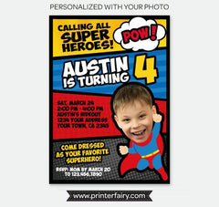 Superhero Birthday Invitation with Photo, Personalized Invite for any age, Digital or Printable
