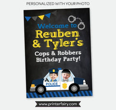 Personalized Cops and Robbers Birthday Welcome Sign with Photo (Digital Printable)