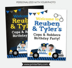 Personalized Cops and Robbers Birthday Welcome Sign with Photo (Digital Printable)