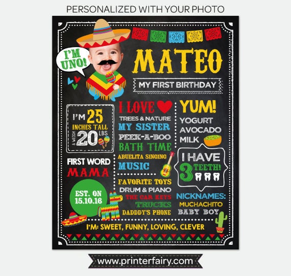 Fiesta First Birthday Chalkboard Sign with Photo, Mexican Theme (Digital Download)