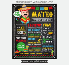 Fiesta First Birthday Chalkboard Sign with Photo, Mexican Theme (Digital Download)