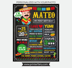 Fiesta First Birthday Chalkboard Sign with Photo, Mexican Theme (Digital Download)