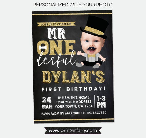 Mr Onederful First Birthday Invitation with Photo, Personalized Digital Designs