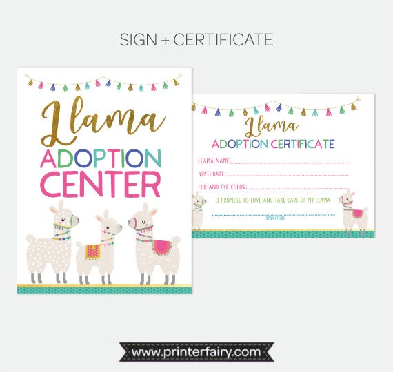 Llama Pet Adoption Party Activity Center Sign and Certificate, Instant Download