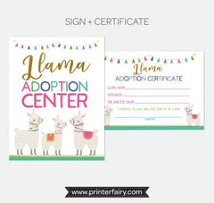 Llama Pet Adoption Party Activity Center Sign and Certificate, Instant Download