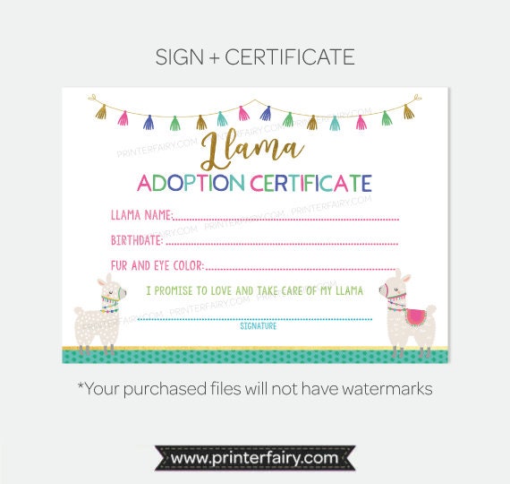 Llama Pet Adoption Party Activity Center Sign and Certificate, Instant Download