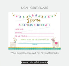 Llama Pet Adoption Party Activity Center Sign and Certificate, Instant Download