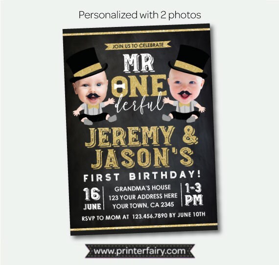 Mr. Onederful Twins Birthday Personalized Invitation with Photo, Digital Design
