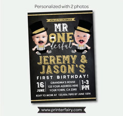 Mr. Onederful Twins Birthday Personalized Invitation with Photo, Digital Design