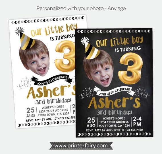 Boy Birthday Invitation with Photo, Balloon Invite (Digital)