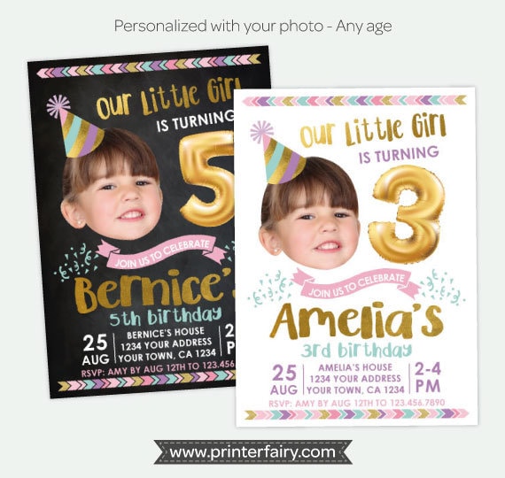 Girl Birthday Invitation with Photo, Balloon Theme (Digital)
