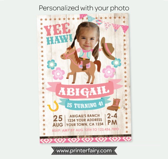 Cowgirl Photo Birthday Invitation, Horse Party (Digital Invite)