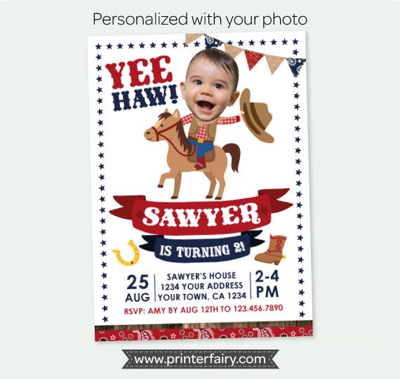 Cowboy Photo Birthday Invitation, Buckaroo Western Party (Digital)