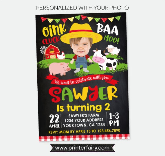 Farm Birthday Invitation with Photo, Barnyard Party, Personalized (Digital Design)