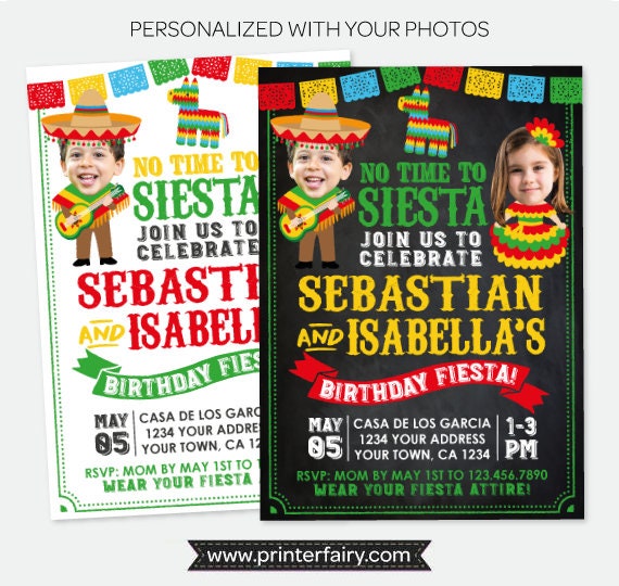 Fiesta Birthday Invitation with Photo, Sibling Joint Party (Digital Invitation)