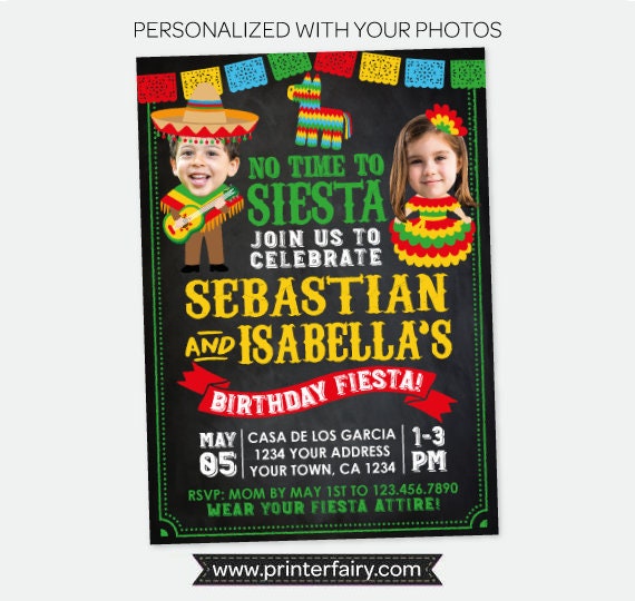 Fiesta Birthday Invitation with Photo, Sibling Joint Party (Digital Invitation)