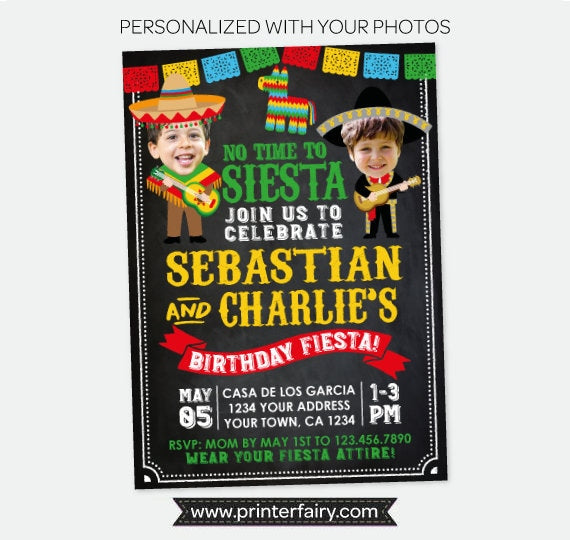 Fiesta Birthday Invitation for two People With Photo for any age, Personalized Digital Design