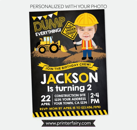 Construction Birthday Invitation with Photo, Dump Truck Party (Digital Invitation)