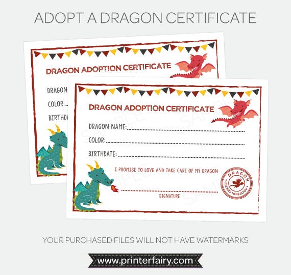 Adopt a Dragon Sign and Certificate, Dragon Birthday Party (Instant Download)
