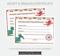 Adopt a Dragon Sign and Certificate, Dragon Birthday Party (Instant Download)