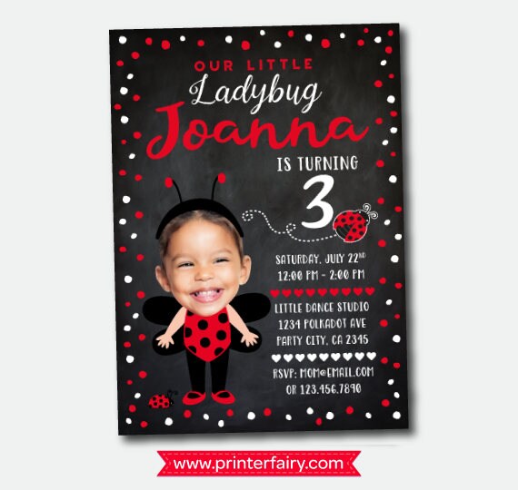 Ladybug Personalized Birthday Invitation with Photo, Polkadot Party (Digital)
