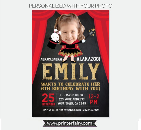 Magic Show Girl Birthday Invitation with Photo, Personalized Digital or Printable Design