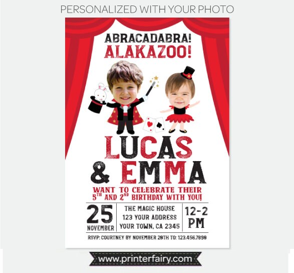 Magic Show Birthday Invitation Personalized for two children, Digital Printable Design