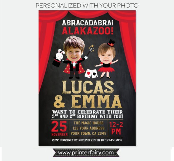 Magic Show Birthday Invitation Personalized for two children, Digital Printable Design