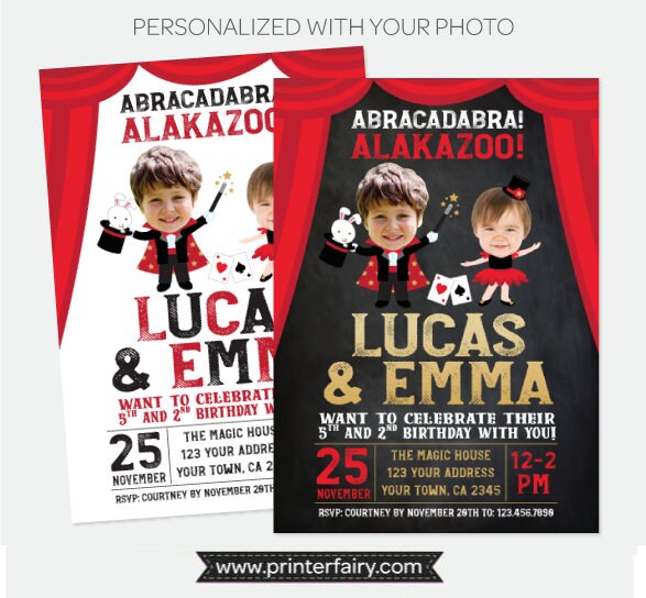 Magic Show Birthday Invitation Personalized for two children, Digital Printable Design