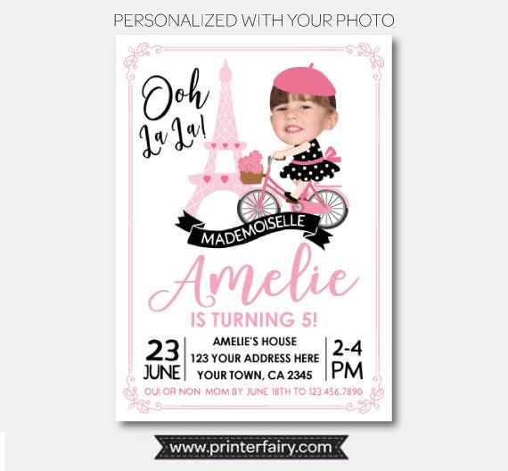 Paris Birthday Party Personalized Invitation with Photo, Digital or Printable Design