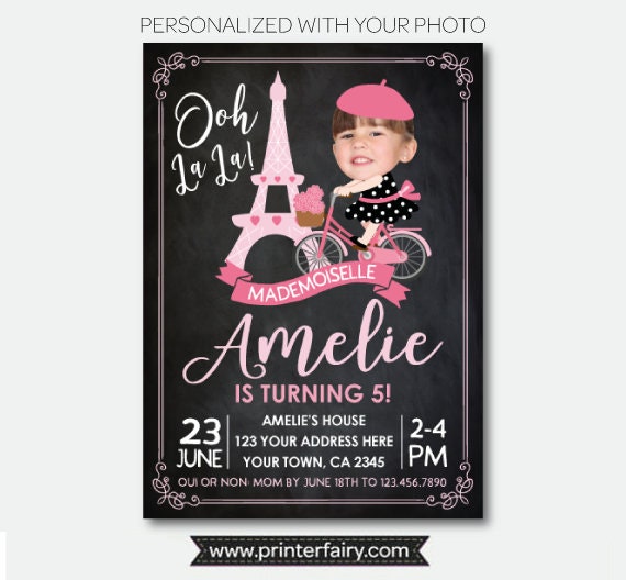 Paris Birthday Party Personalized Invitation with Photo, Digital or Printable Design