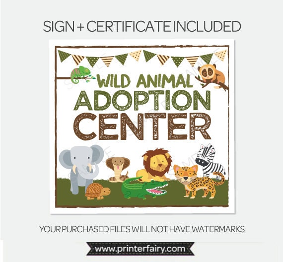 Wild Animal Pet Adoption Party Sign and Certificate, Reaty to print INSTANT DOWNLOAD