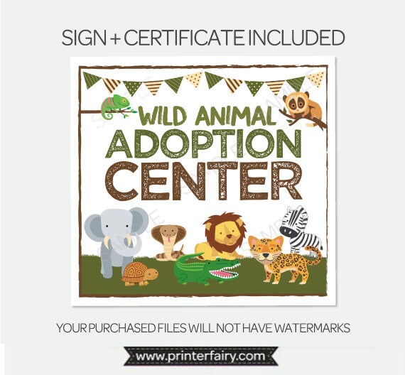 Wild Animal Pet Adoption Party Sign and Certificate, Reaty to print INSTANT DOWNLOAD