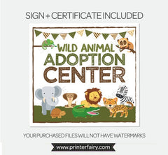 Wild Animal Pet Adoption Party Sign and Certificate, Reaty to print INSTANT DOWNLOAD