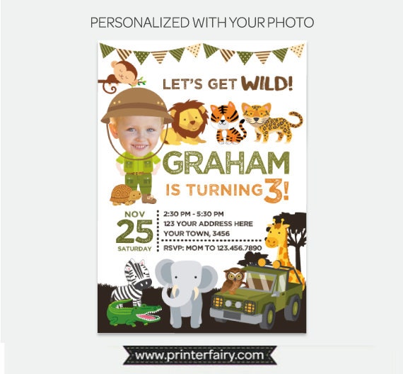 Safari Birthday Invitation with Photo, Jungle Animals (Digital Invite)