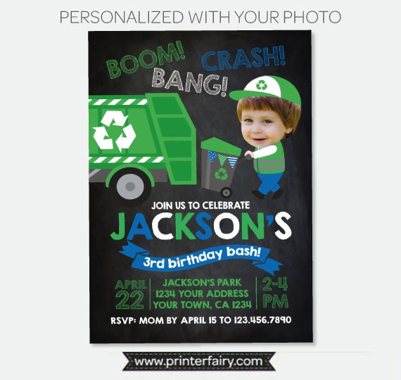 Trash Truck Personalized Birthday Invitation with Photo, Garbage Digital or Printable Invite Design